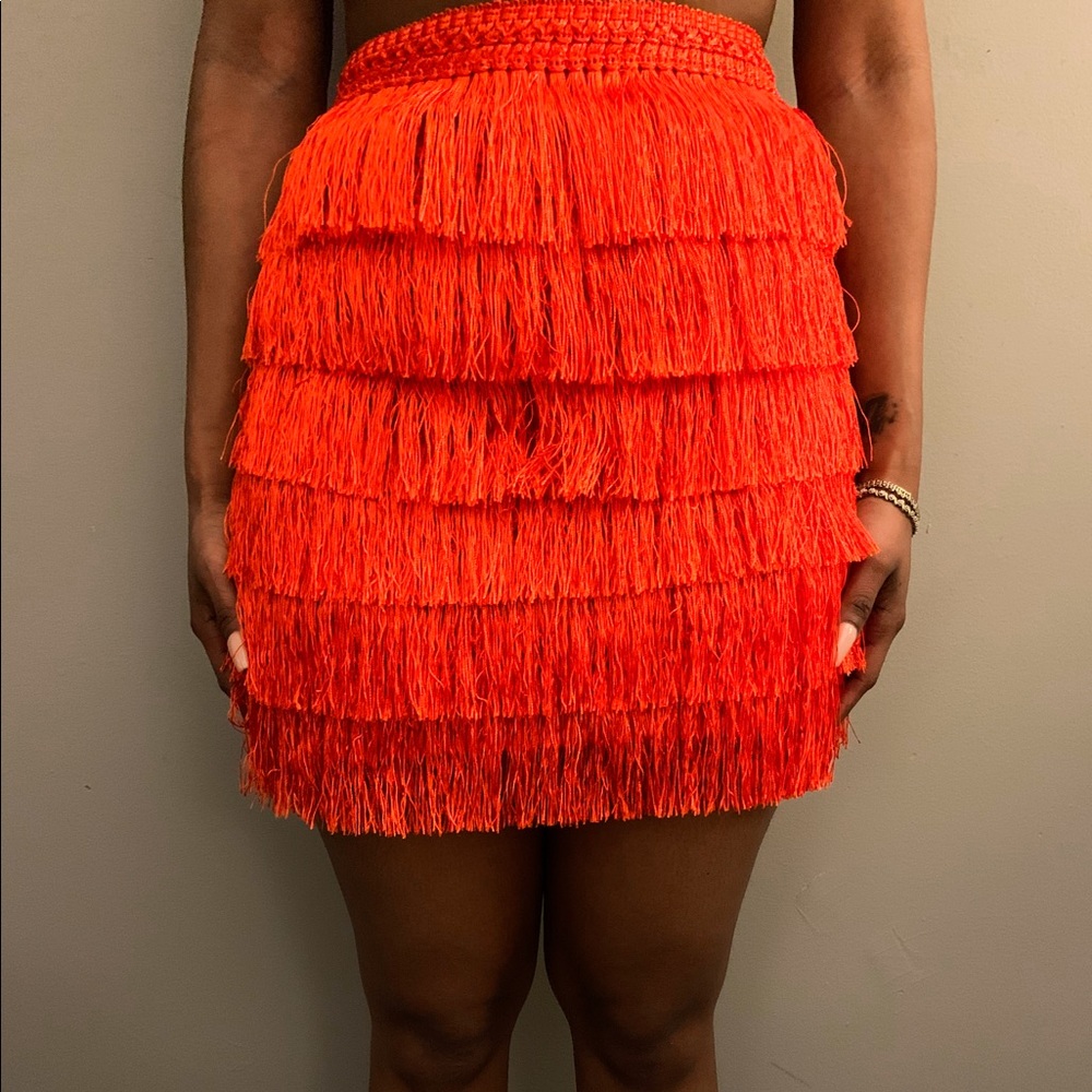 Neon orange fringe skirt